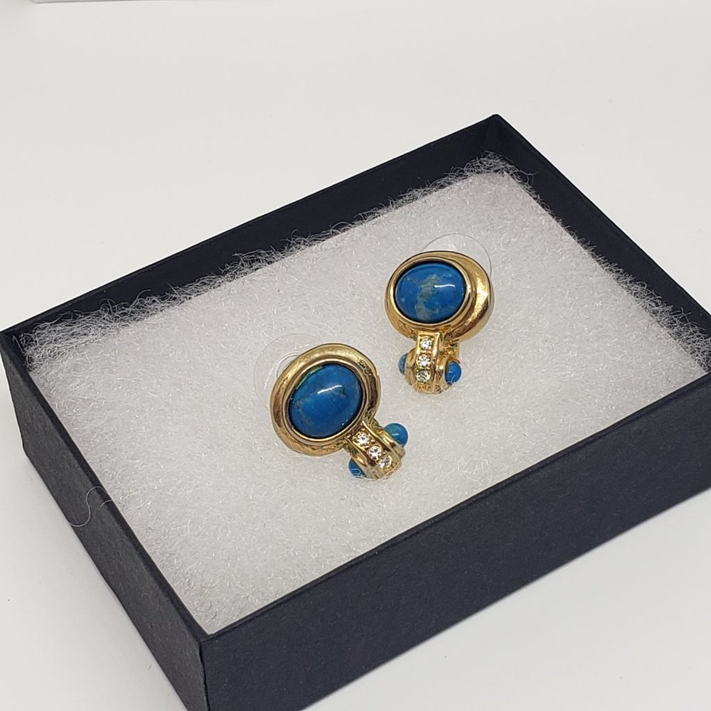 Vintage Blue Bead Rhinestone Dangle Drop Gold Tone Earrings Pierced Round - Picture 4 of 9